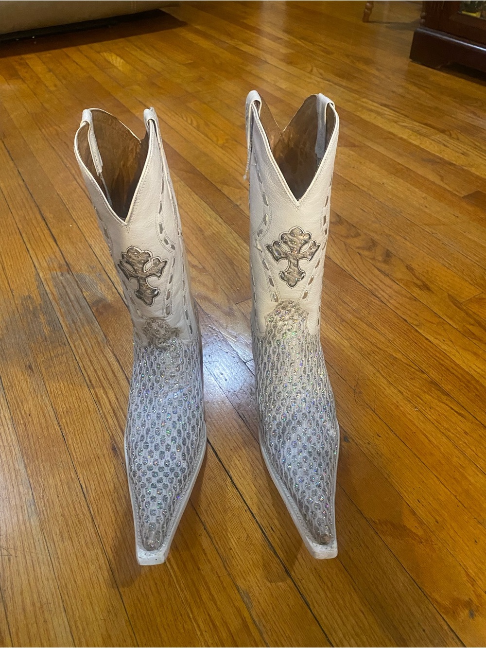 El General White leather Sparkle Tribal Guarachero Pointy Cowboy Boots Size 10.5